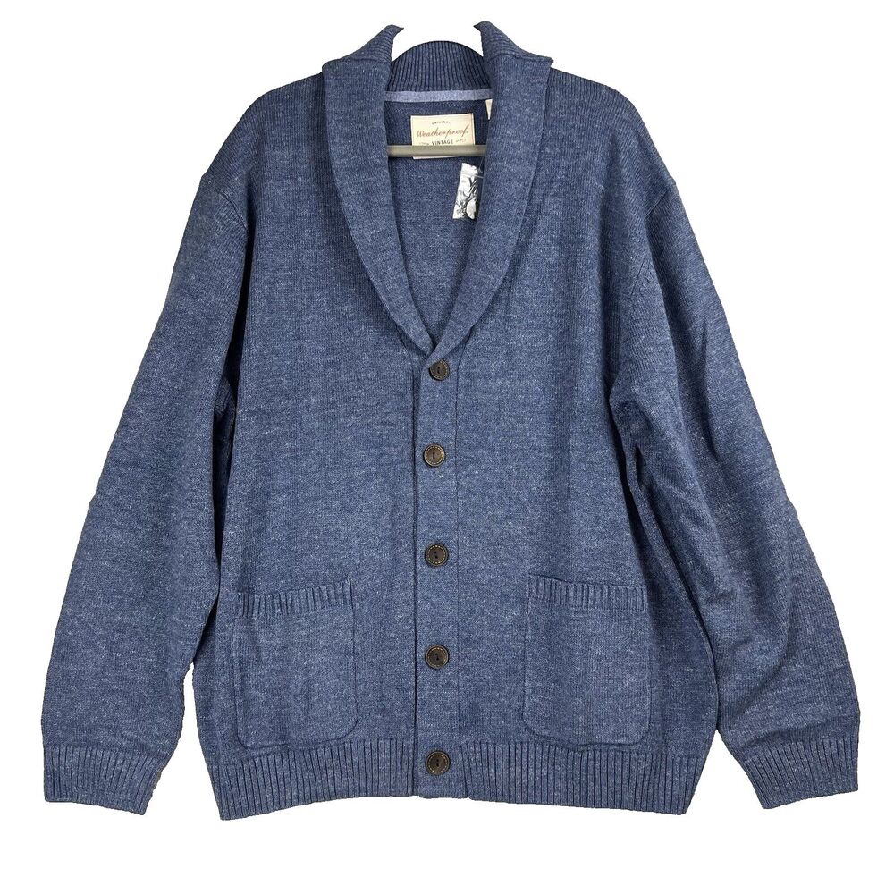 Weatherproof Vintage Sweater Mens Knit Shawl Neck Blue Preppy‎ Cottage core 2XL